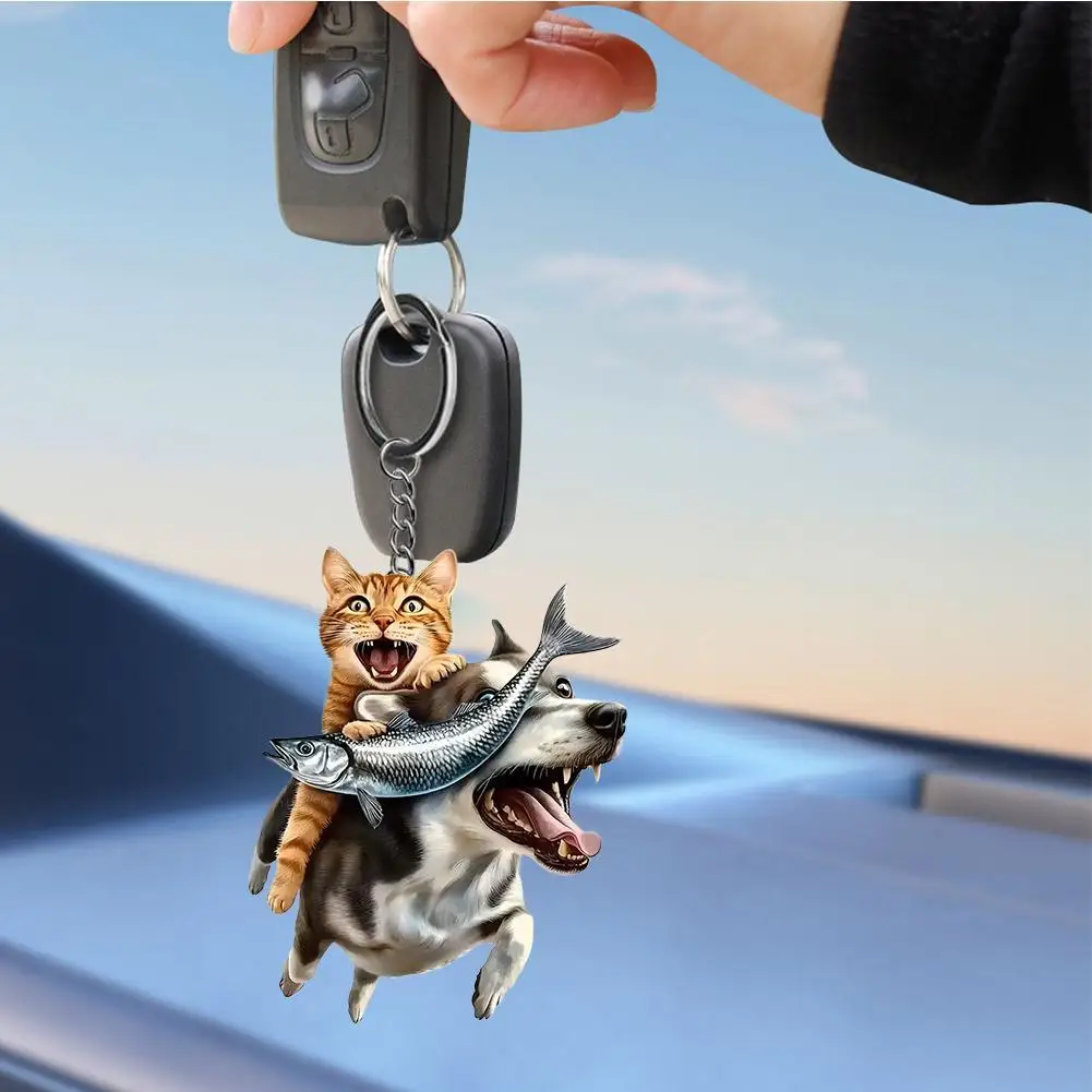 

2D Acrylic cat riding dog car pendant Auto Interior Decor Car Rearview Mirror Hanging Ornament for Backpack Keychain Home