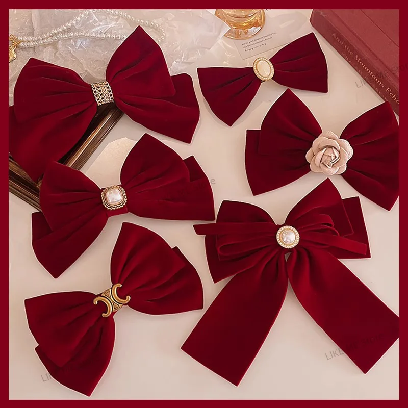 Red Black Velvet Bow Hairpin Elegant Butterfly Hair Clip Vintage Light Luxury Premium Feel Hair Ring Ponytail Braid Barrette 집게핀