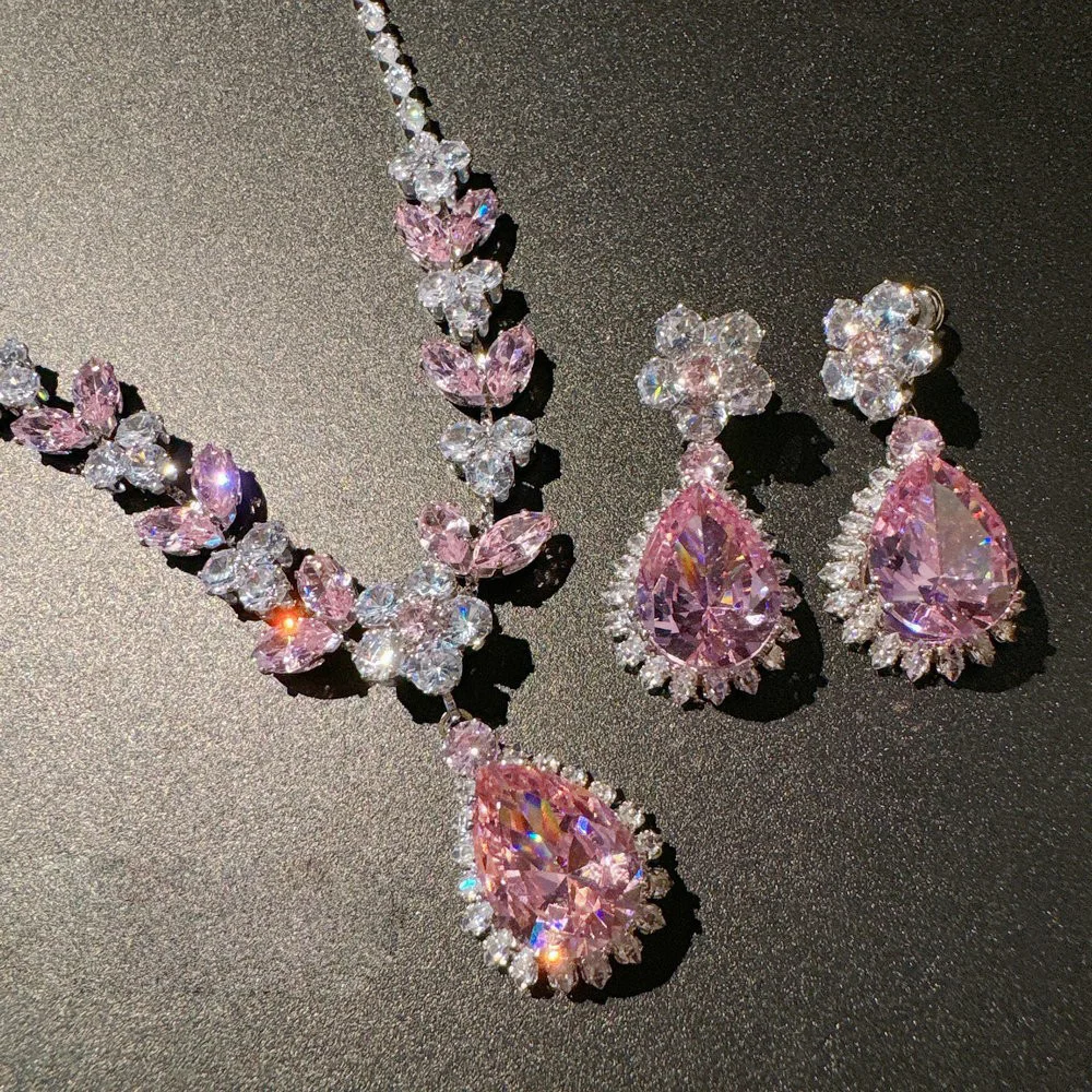 Women Pink Flower Drop Gemstone Necklace 18K Gold Plated Zircon Earrings Set