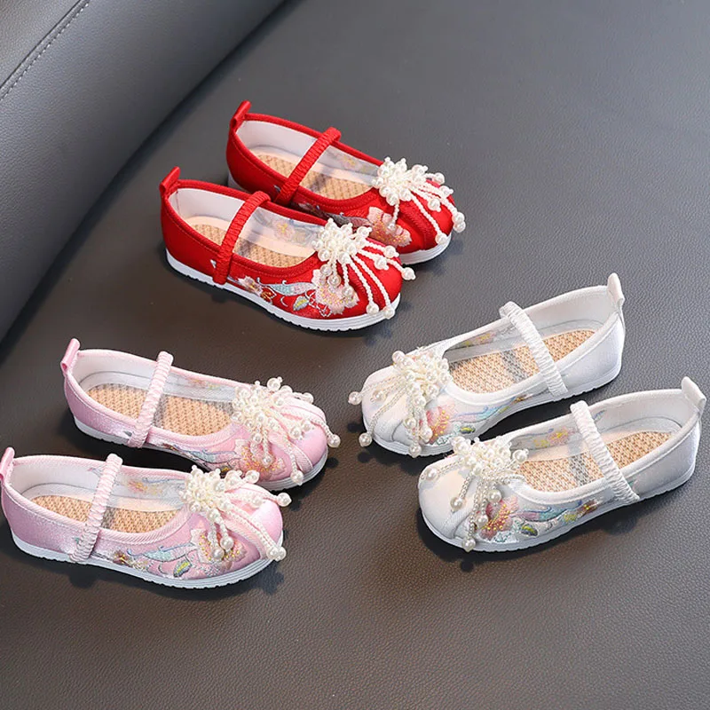 Girls Embroidery Pearl Beaded Dance Shoes Traditional Kids Cloth Shoes Princes Tang Hanfu Ballet Flats For Girls CSH1437