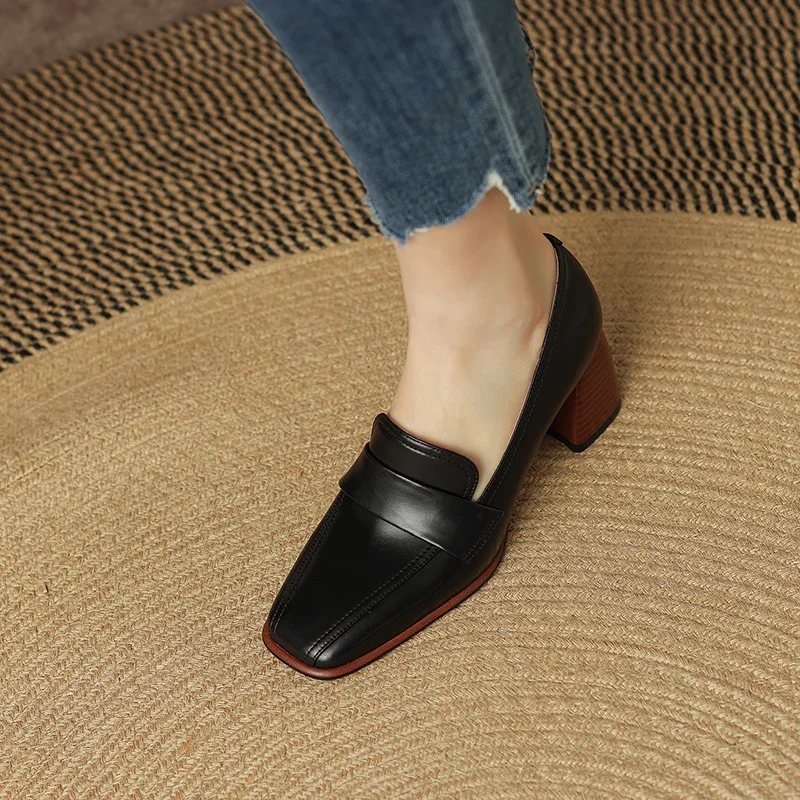 2023 Spring New GENUINE LEATHER Women Shoes LEISURE Women Slip-On Shallow Pumps Square Toe Heels Shoes Women Zapatos De Mujer