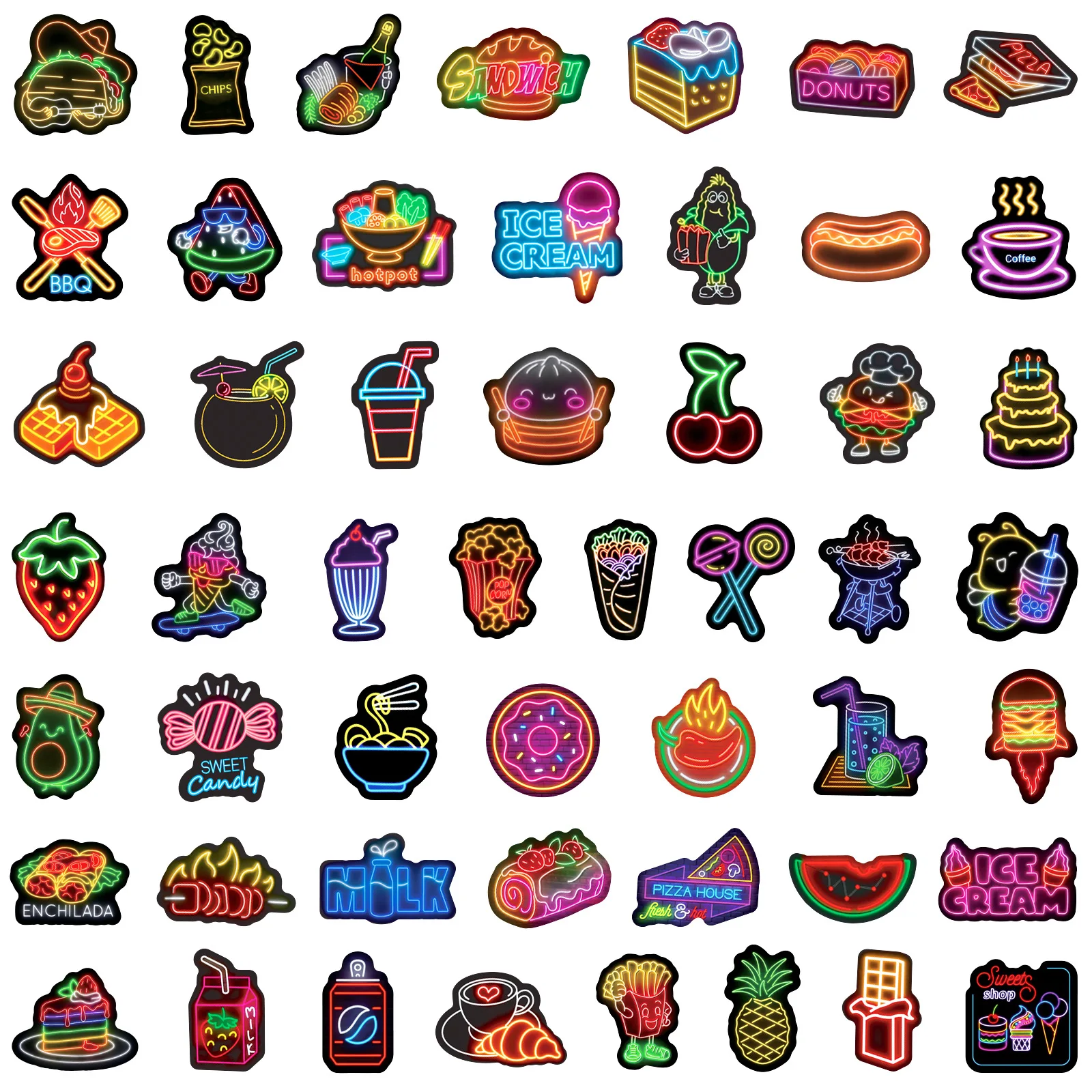 10/30/50 Stuks Neon Stijl Voedsel Stickers Grappige Kinderen Speelgoed Diy Snacks Graffiti Waterdichte Sticker Laptop Telefoon gitaar Auto Fiets Cartoon