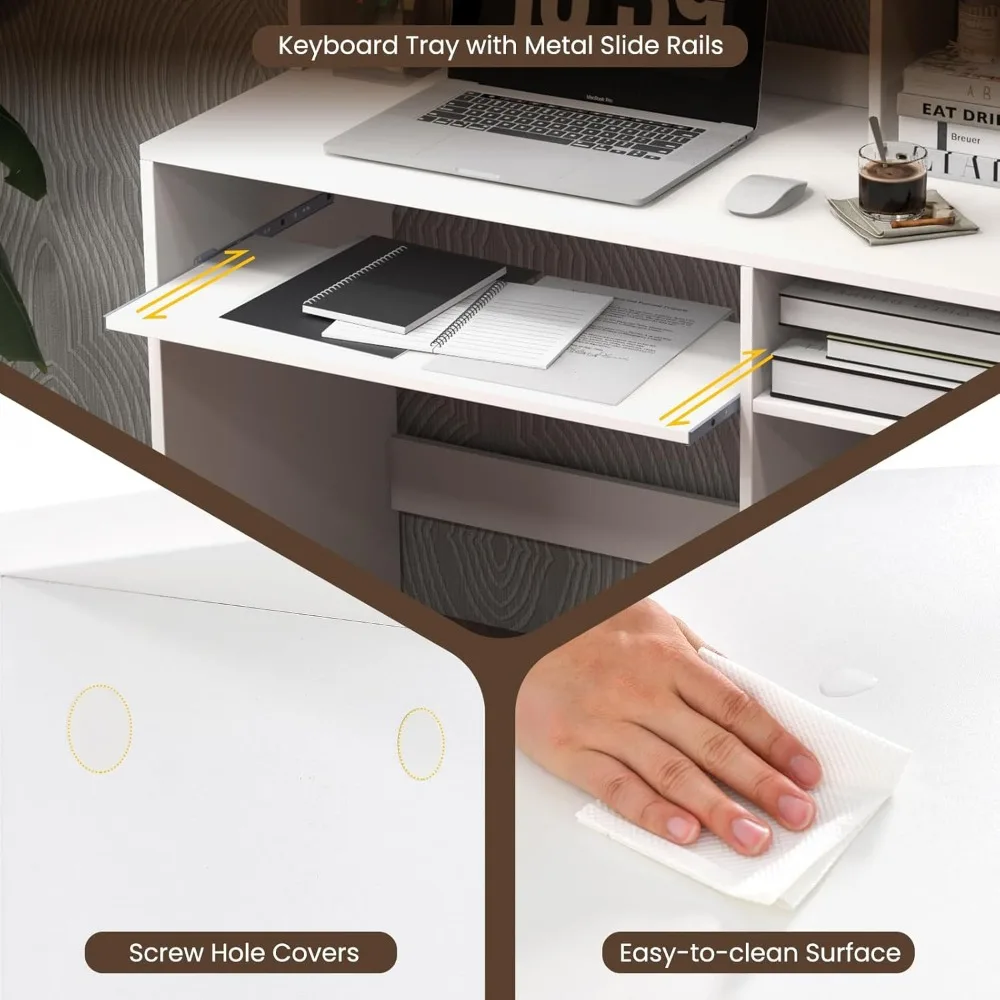 مكتب كمبيوتر ممتاز مزود بخزانة، مكتب مكتب منزلي مقاس 43.5 بوصة مع صينية لوحة مفاتيح ومحطة شحن، طاولة كمبيوتر محمول لمحطة العمل #6