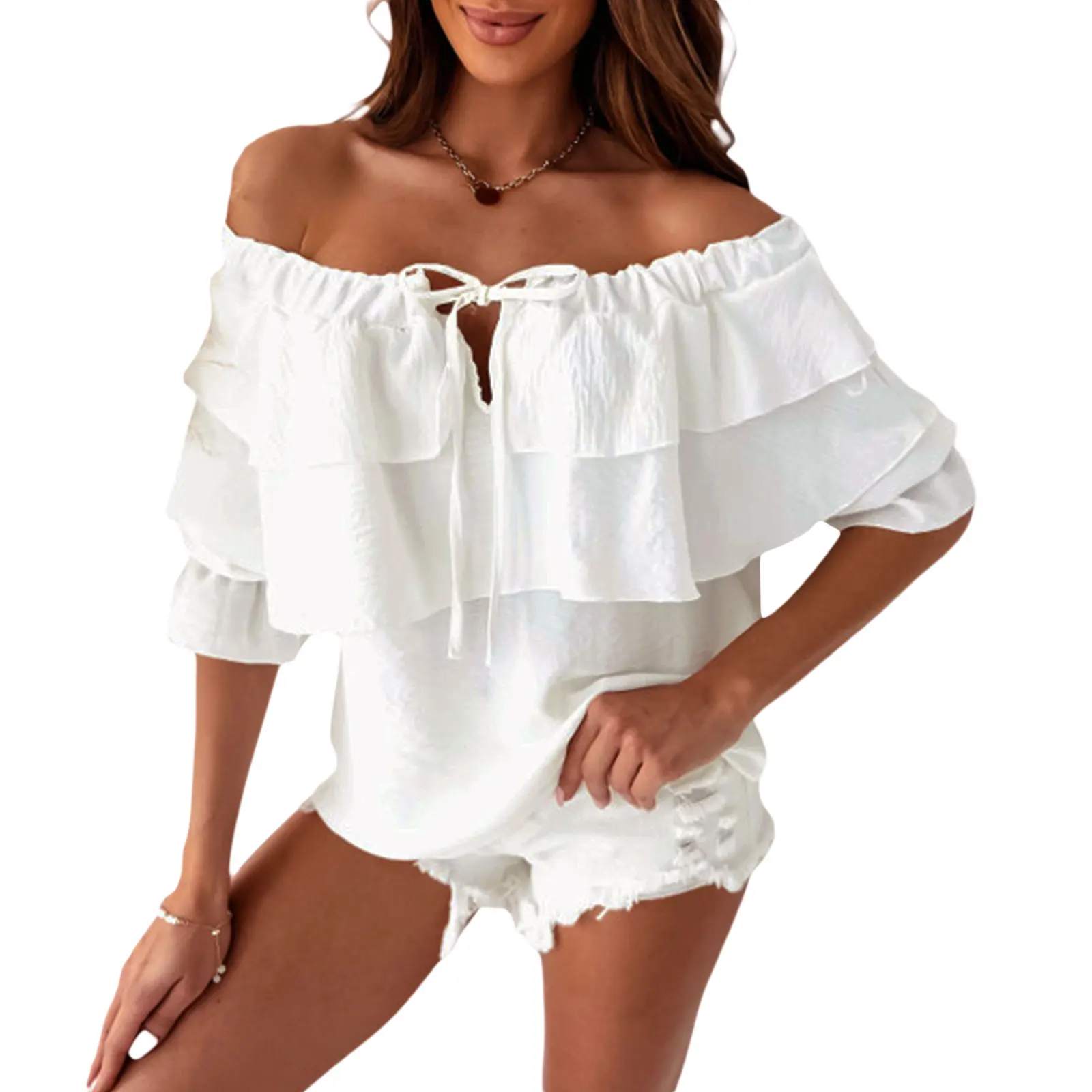 Chiffon Blouse Women\'s Elastic Shoulder Strap Ruffle Shirts Loose Solid Color Boat-Neck Off-Shoulder Half Sleeve Tie-Up Blouse