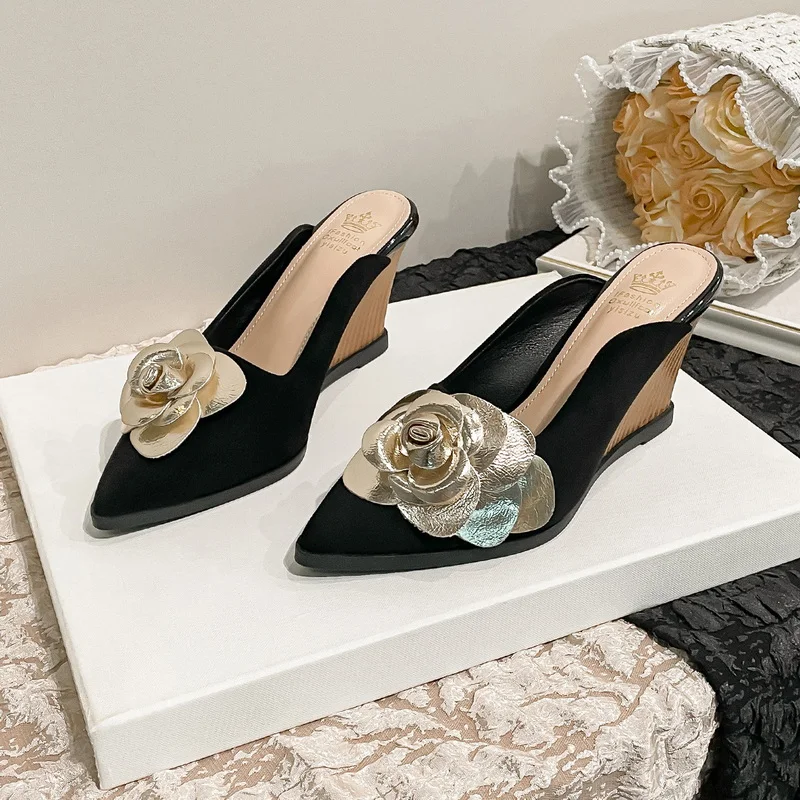 FHC New Camellia Flower Wedges Mules,Slides,Autumn High Heels Shoes,Close Pointed Toe Flock Slippers,34-40,Black,Dropship