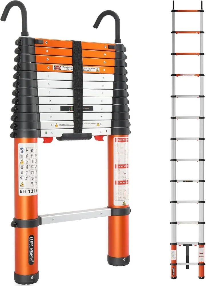 Aluminum Telescoping Ladder Telescopic Extension Ladder 330 Pound Capacity One-Button Retraction (12.5 FT)