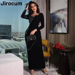 Jirocum Black Crystal Beaded Prom Gown Women customized Square Neck Side Slit Evening Gowns Long Sleeve Formal Occasion Dresses