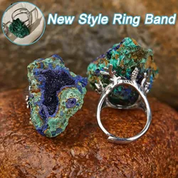 Natural Azurite Malachite Geode Finger Rings Adjustable Gold-Plated Silver-Plated Ring Bohemian Style Ring Unisex Accessory