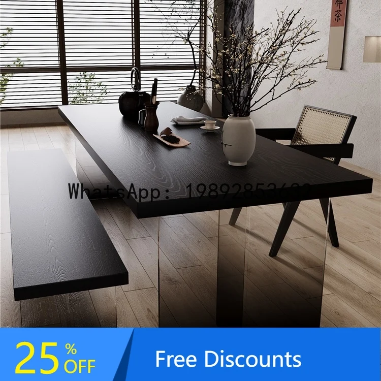 LYY Modern High-End Light Luxury Simple Black Solid Wood Desktop Large Board Office Desk Computer Desk Long Strip Dining