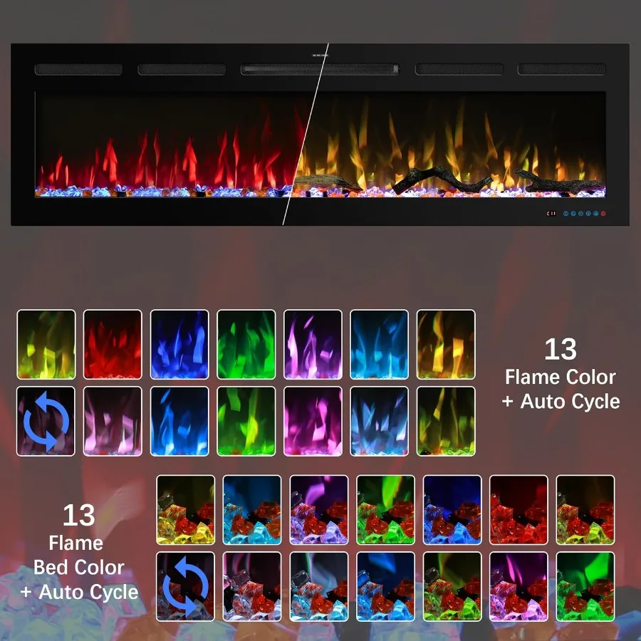 33 Inserti per caminetto elettrico WiFi intelligente con letto carburante a 13 fiamme Funzione ciclo automatico Riscaldatore incorporato con controllo APP e