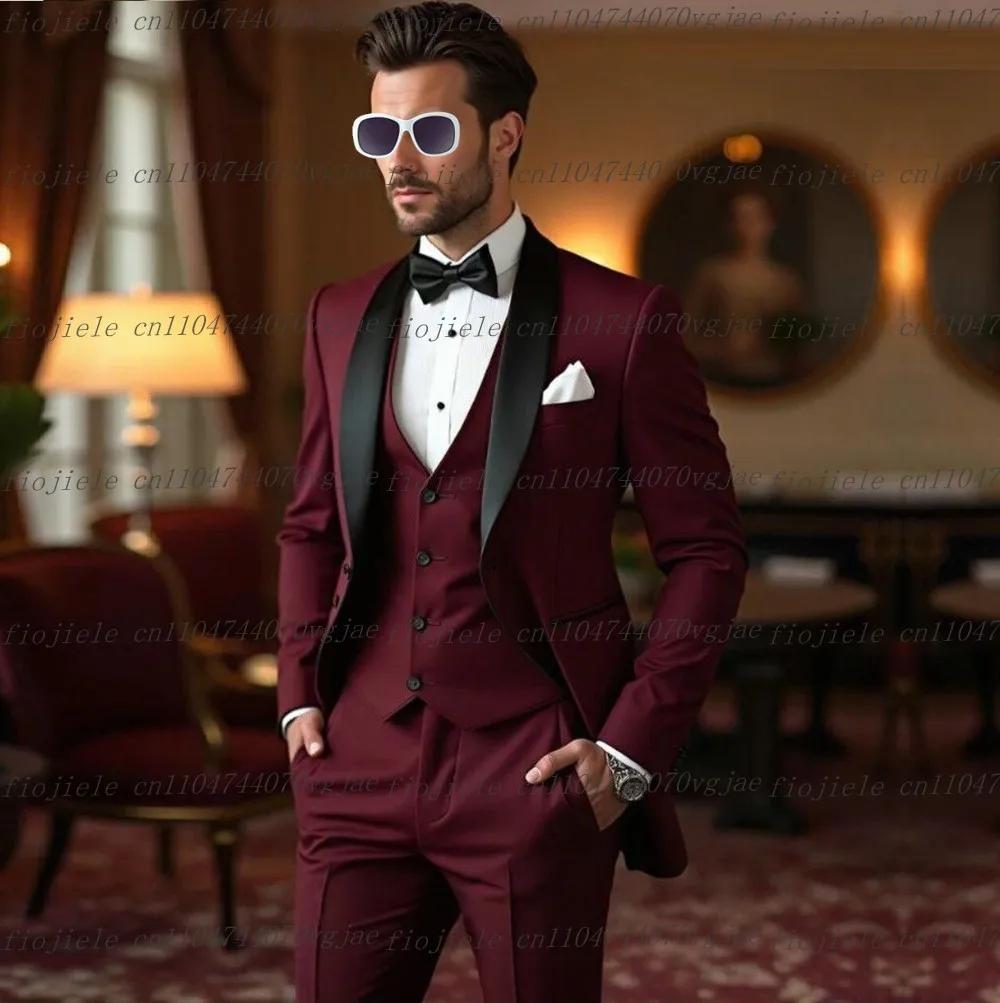 

Новый черный воротник бордовый формальный мужской костюм для свадебной вечеринки, жениха, жениха, деловые мужские смокинги, комплект из 3 предметов, куртка, жилет, брюки