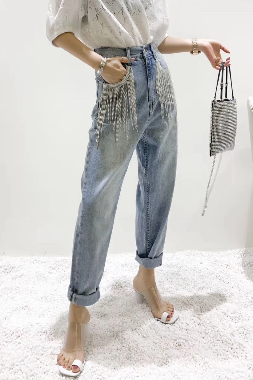 Imagem -06 - High-end Tassel Strass Cadeia Bling Brilhante Jeans Feminino Calças Jeans Retas Irregulares de Diamante Completo Streetwear Primavera e Outono