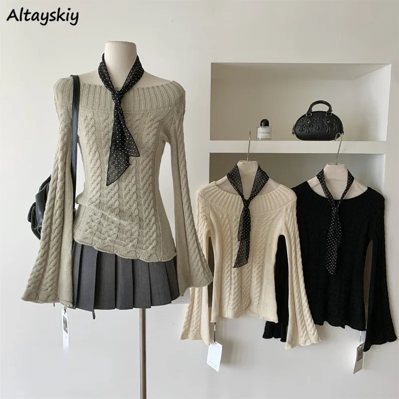 

Pullovers Women Korean Style Clothing Slash Neck Off Shoulder Slimming Knitted Tender Sweater Streetwear All-match Leisure Soft