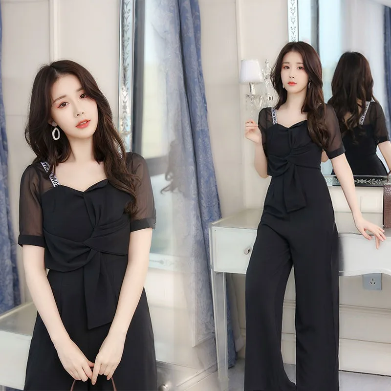 Women Black Twisted Shoulder Strap Wide Leg Jumpsuit Version Long Pants Summer Student Letter Short Sleeved Clothing New