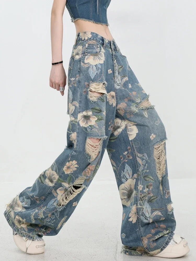 Women Jeans Hole Wide Leg Aesthetic Streetwear American Style Creativity Spicy Girls Soft Floral Printed High Waist Individual