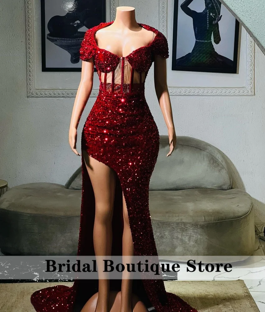 2024 Vestidos De Noche De lentejuelas De terciopelo rojo con cuentas De cristal vestido para fiesta De graduación Vestidos De Novia vestido De Novia De lujo bata personalizada