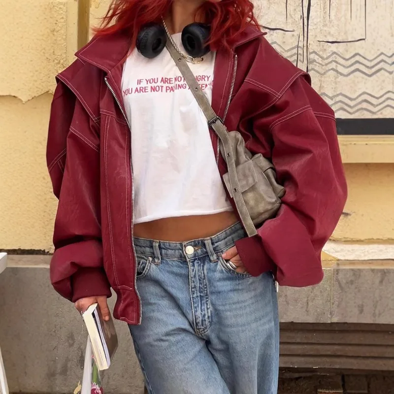 Neu in Jacken, rot, lange Ärmel, stilvolle Kunstleder-Motorradjacke, klassische Revers, Reißverschlussjacke, lockerer Damen-Retro-Mantel