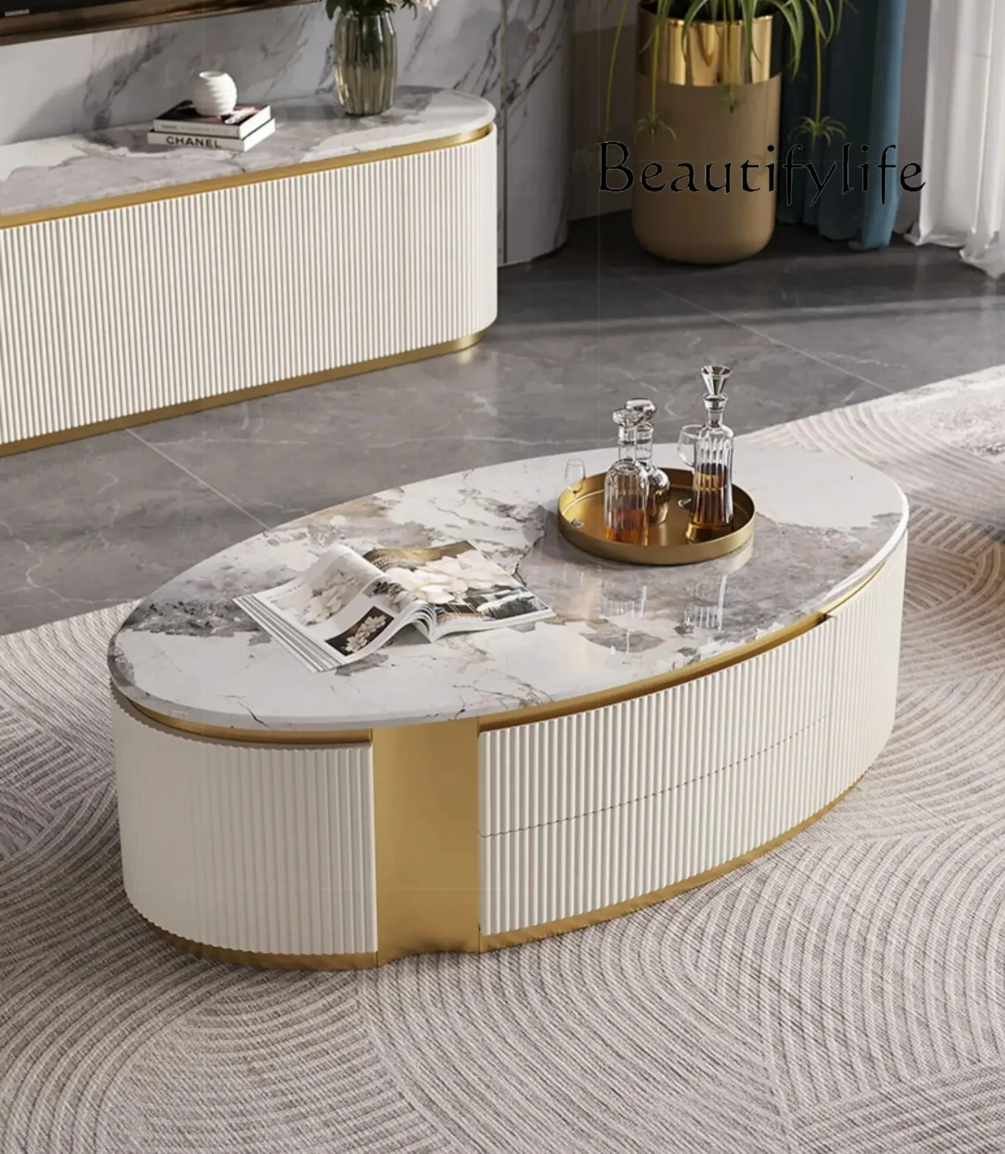 

журнальный столик Light Luxury Baking Finish Tea Table Living Room Marble Italian High-End Fashion Oval TV Cabinet Unit