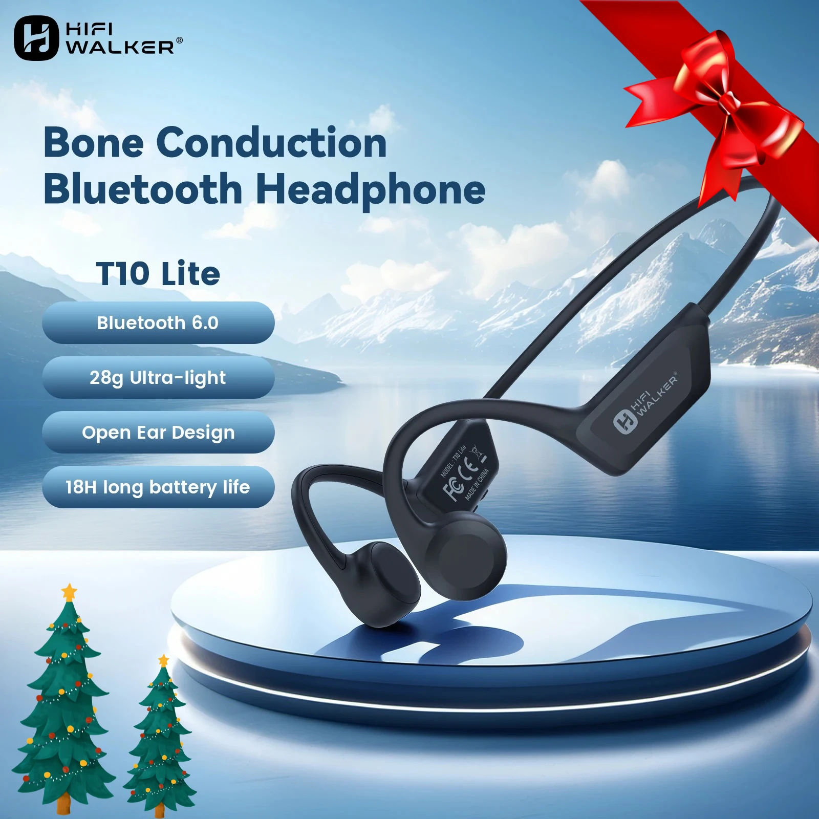 

HiFi Walker T10 Lite Bone Conduction Headphones Wireless Bluetooth 6.0, Sports Open Ear Earphones with Microphone, Long Battery