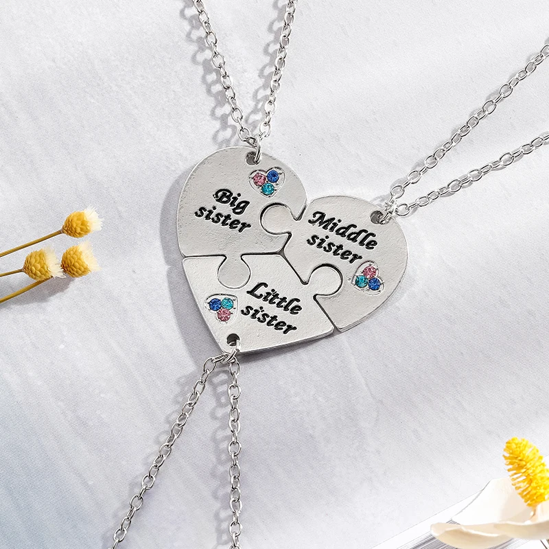 3 Pieces-set Best Friend Friendship Necklace Big Mid Lil Sis Metal Chain BFF Heart-shaped Pendant Girls Fashion Jewelry Gifts