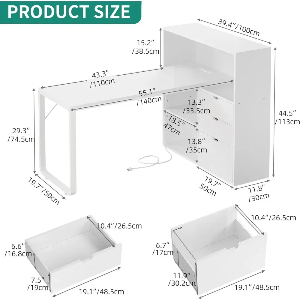 L-shaped table and filing cabinet with power socket and LED lights, 55" large computer desk corner table, 3 storage shelves