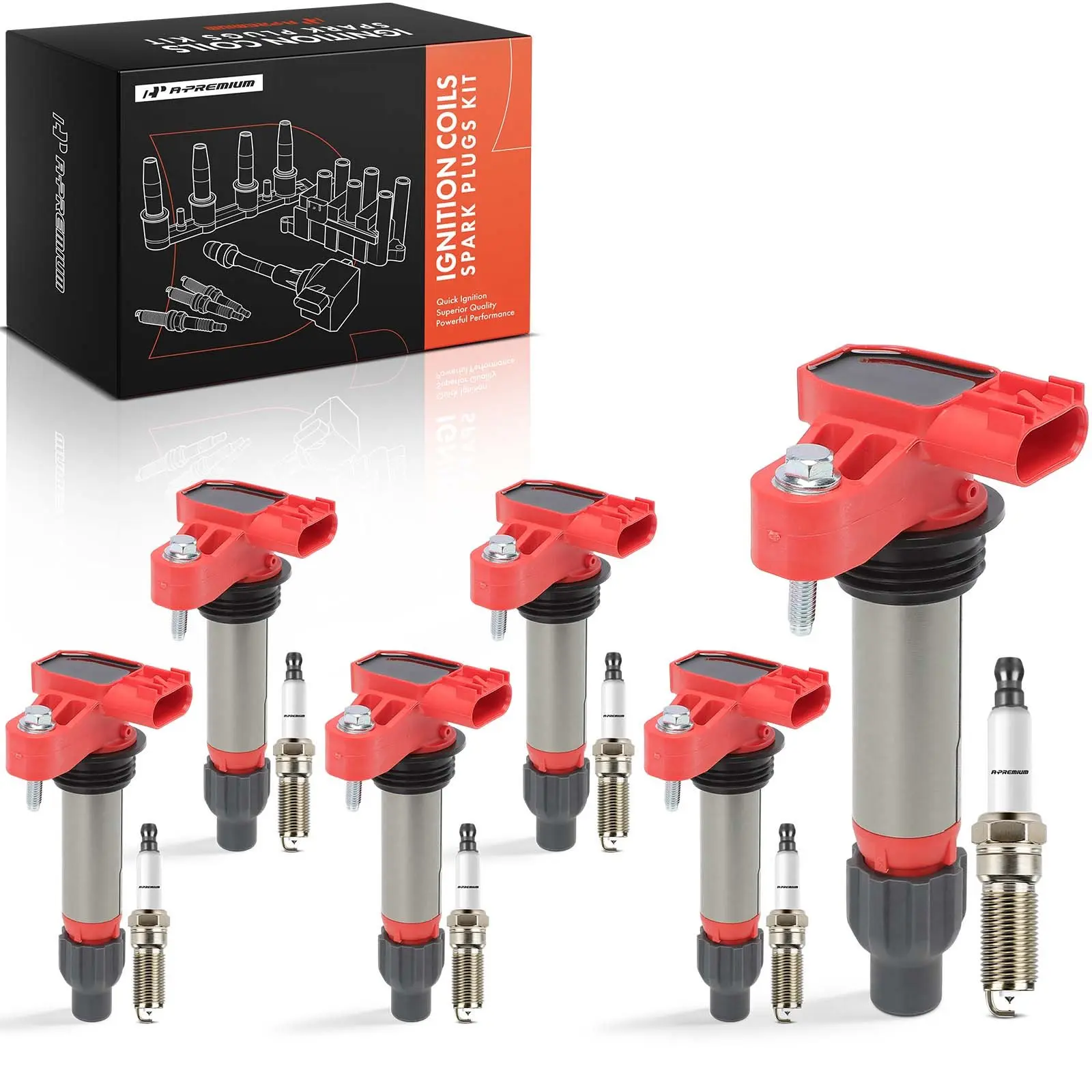 A-Premium 6x Red Ignition Coils & 6x Iridium + Platinum Spark Plug Kit for Chevy Cadillac