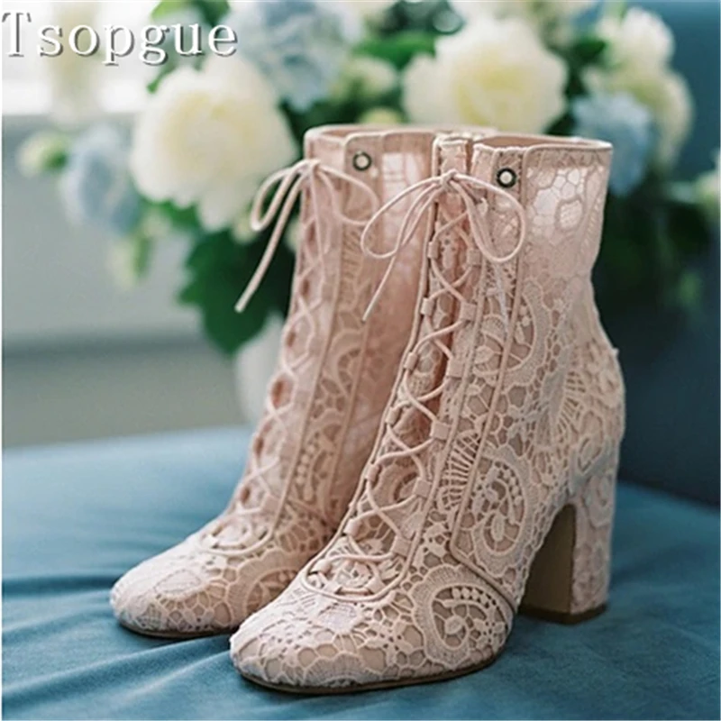 

Pink White Lace Women Ankle Boots Fairy Style Square Toe Thick Heel Tie Up Booties Fashion Runway Party Shoes
