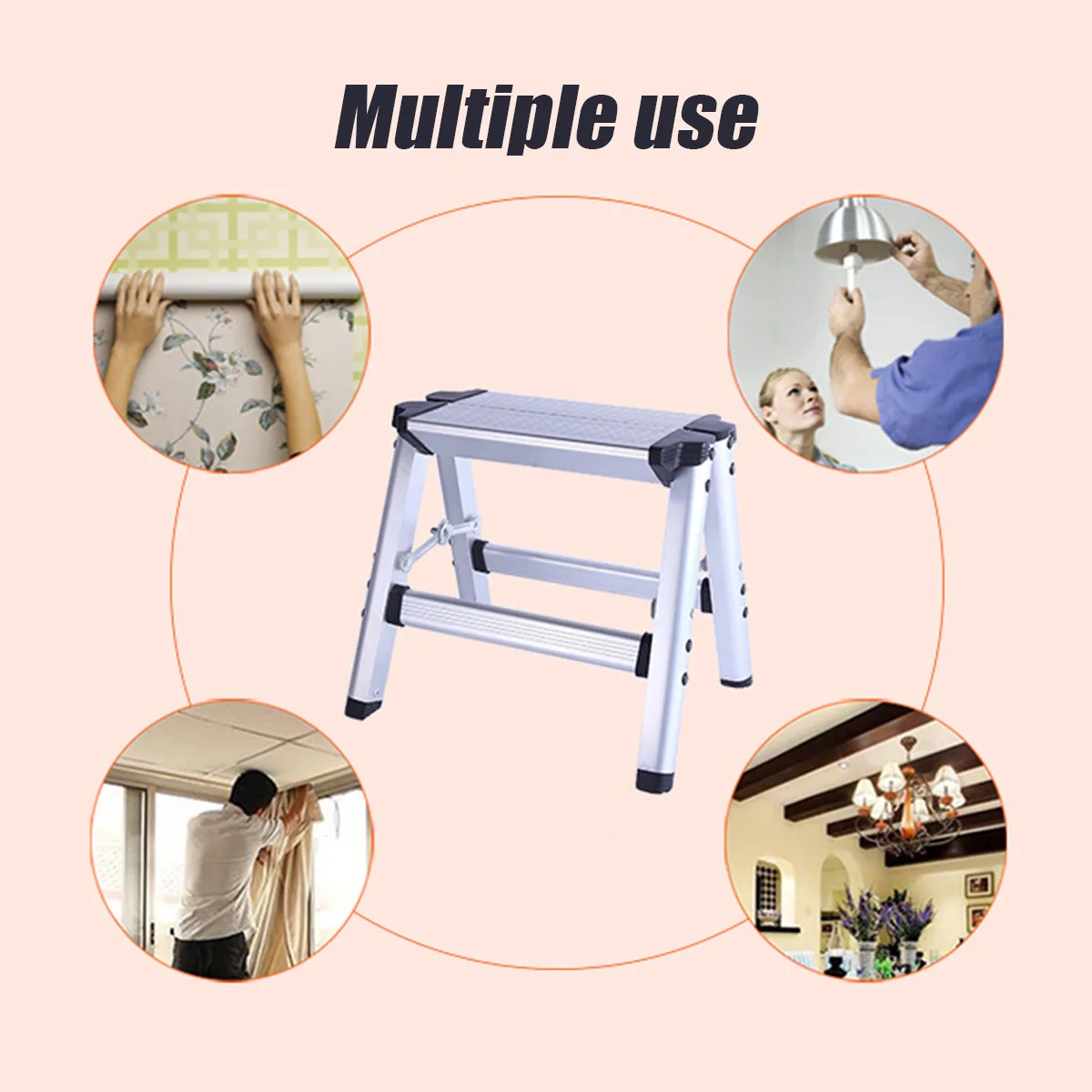 Aluminium Platform 2-Step Tool Folding Ladder Maximum 150KG Load Anti Slip Safety Double-sided with Thick Stairs