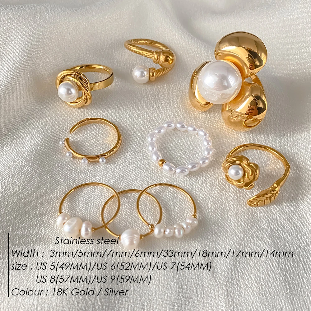 Französisches Vintage-Perlenring-Set für Damen, 14K vergoldeter Barock-Perlenring, gedrehte, klobige Statement-Fingerringe, Schmuckgeschenk – Detail 4