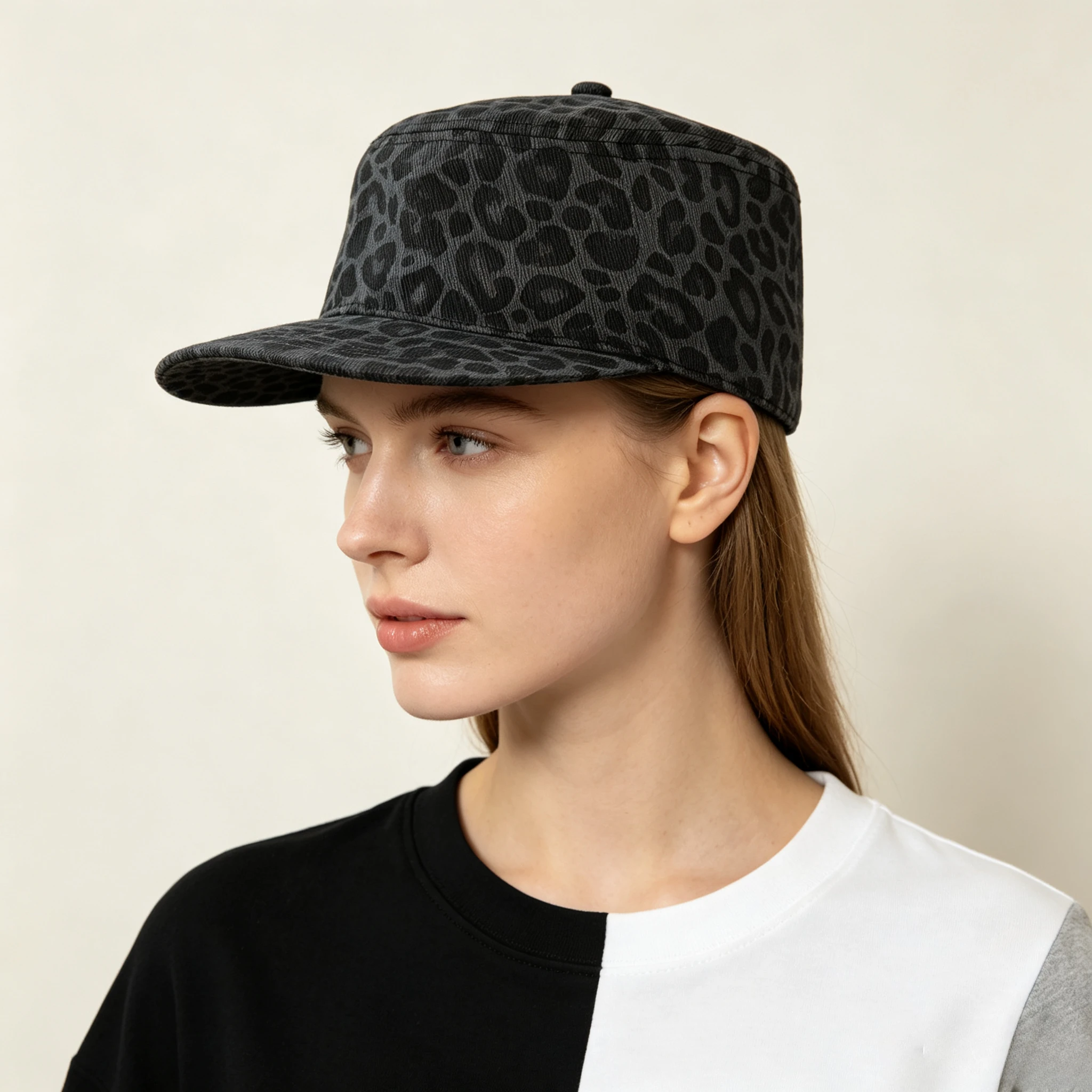 Vintage-Kappe mit Leopardenmuster, flache Oberseite, süße, coole Arbeitsmütze mit kurzem Rand, personalisierte Newsboy-Mütze für Damen, tägliches Outfit – Detail 3