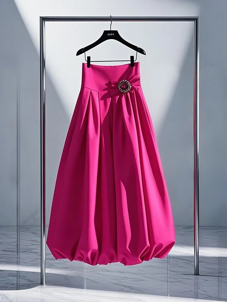 Elegant Women's Ball Gown Summer New Luxury Bow Beading Long Skirts For Women High Waist Slim A-Line Folds Club Party Jupe