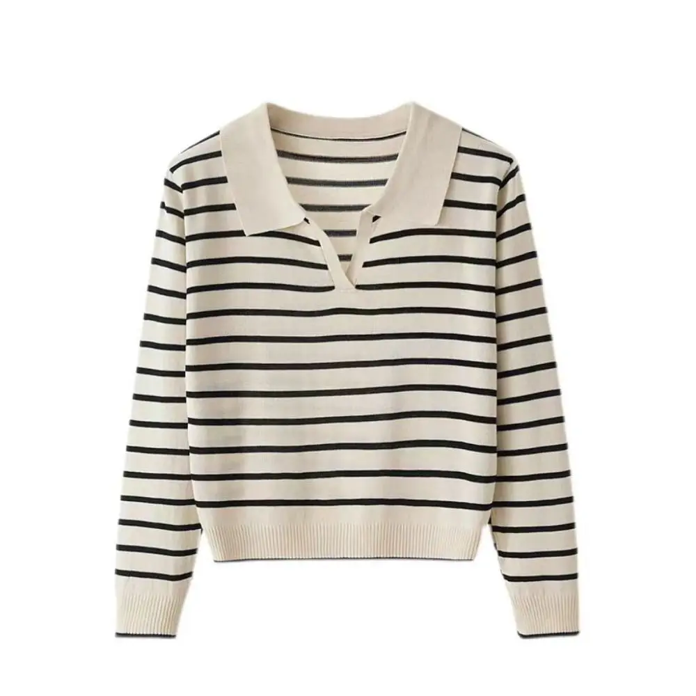 Elegante decote em v listra manga longa topo fino ajuste fino y2k retalhos malhas lapela pulôver listra camiseta mulher