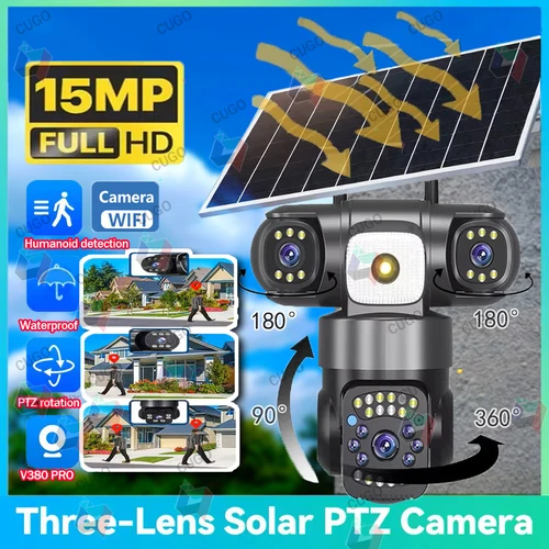 Imagen 1 del producto Cámara Solar Wifi de 15MP 8K con Tres Lentes, Pantalla, Zoom 10X, Exterior, Impermeable, Detección Humana PIR, Batería de Bajo Consumo, Cámara IP