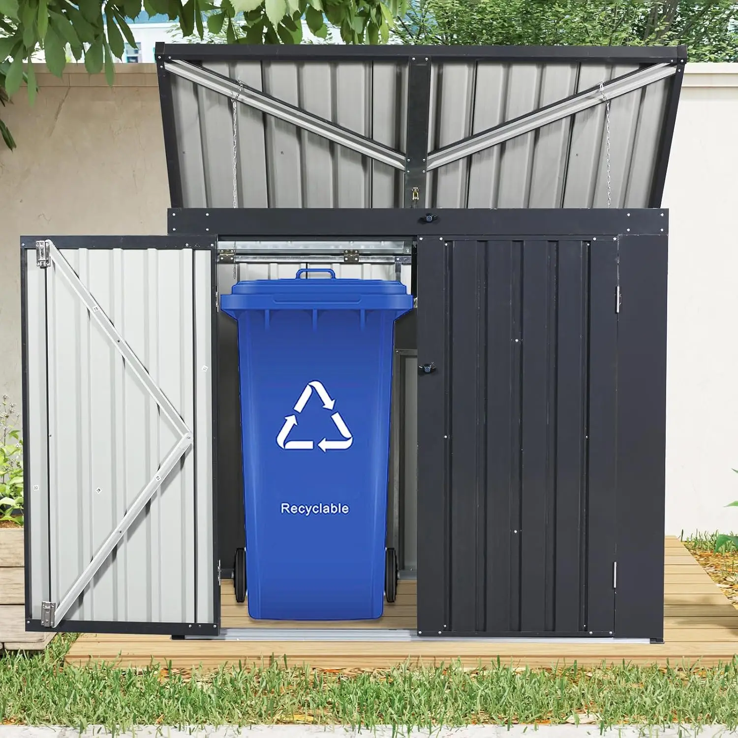 Galvanized Steel Outdoor Garbage Bin Shed 2 Trash Can Storage Sloping Roof Lockable Door Iron Chains Garden Yard, Customized