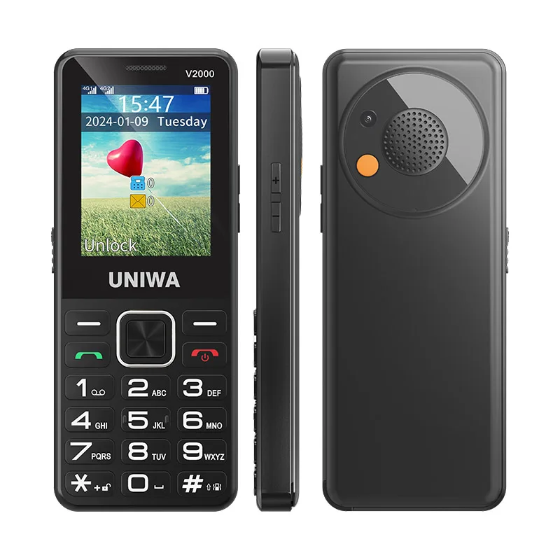 UNIWA V2000 4G teléfono pantalla Dual cámara de 0,3 MP gran pulsador teclado de Radio FM 1700mAh teléfono móvil compatible con marcación de un clic