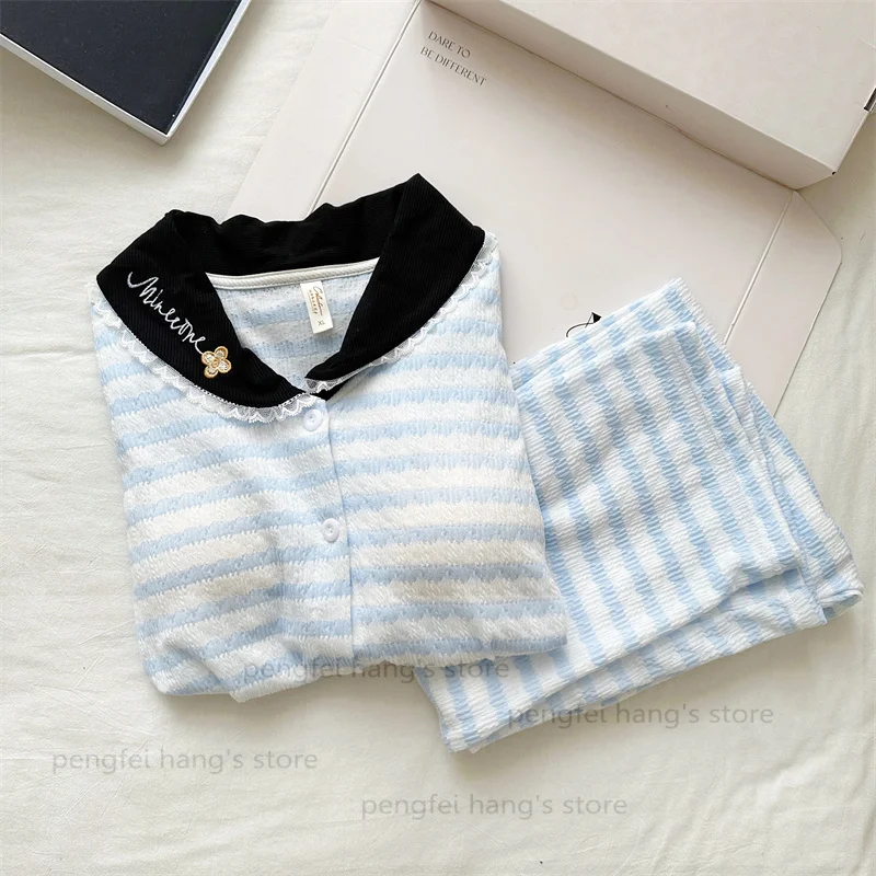 

Sweet Lace Trim Pajamas Set Blue Striped Embroider Home Clothes Women Cotton Sleepwear 2 Piece Pijama Mujer Sexy Sleepwear