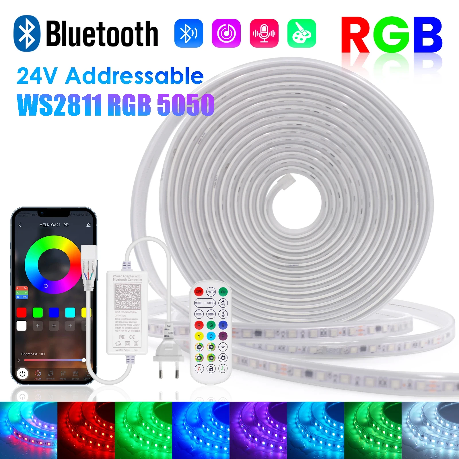 

DC24V 5050 RGB Dream Color LED Strip Bluetooth APP Control WS2811 Addressable Light Strip IP67 Waterproof for Home Garden Decor