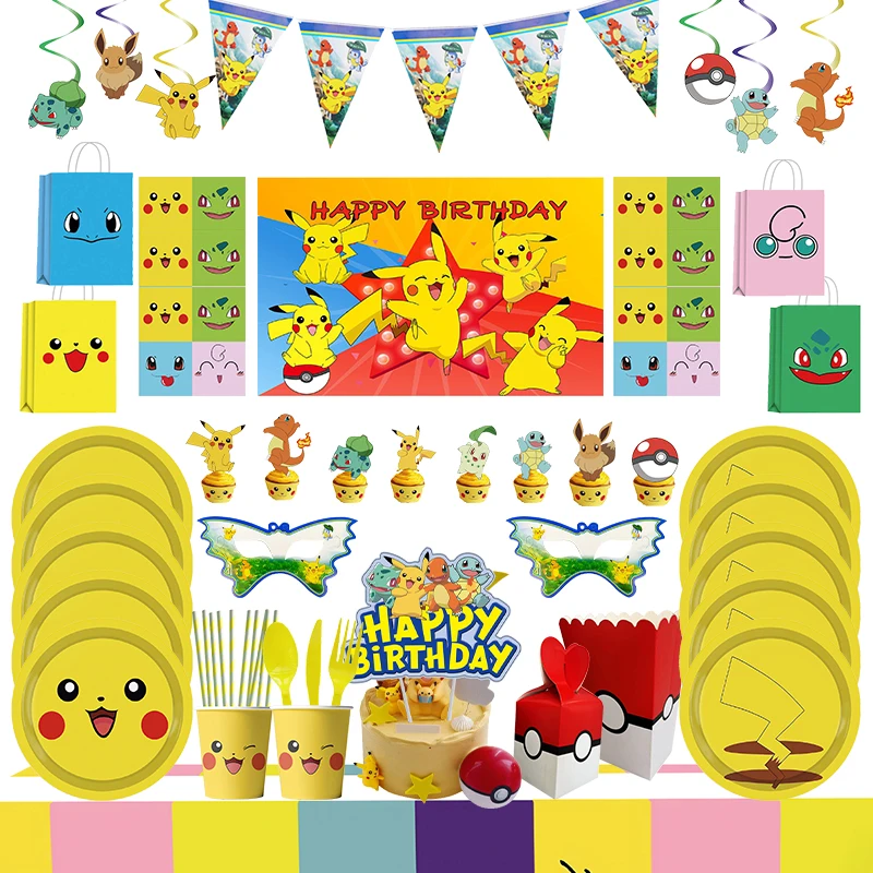 Pokemon Birthday Party Pikachu Theme Balloon Party Supplies Disposable Tableware Gift Bag Napkin Backdrops Kid Birthday Supplies