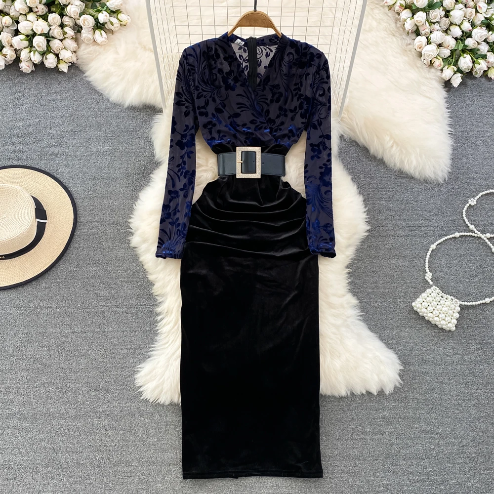 Fall 2025 Elegant V-neck Embossed Print High-waist Pleated Paneling Fake Two-piece Wraparound Dress Korean Style A-line Skirt