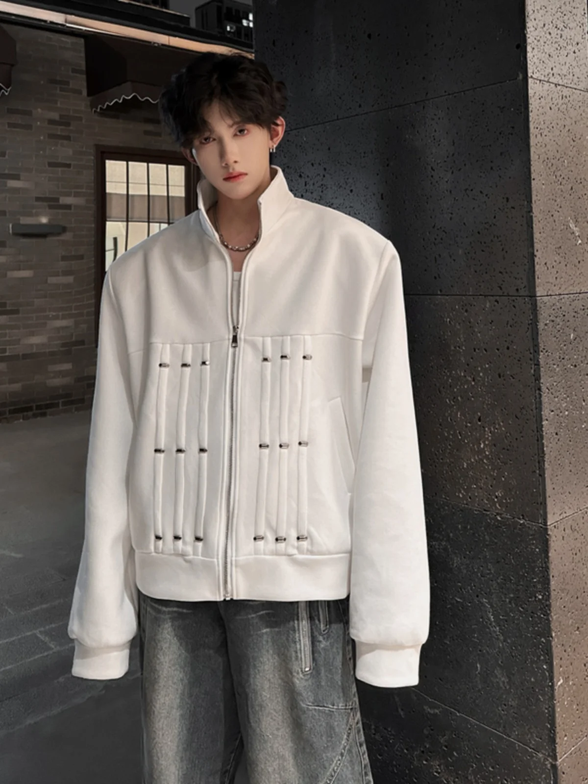 

White ort Men's Jaet Autumn Spring Fold Design Sense Harlem Coat Stand Collar Open Cardigan Sweatirt Casual Loose Fit