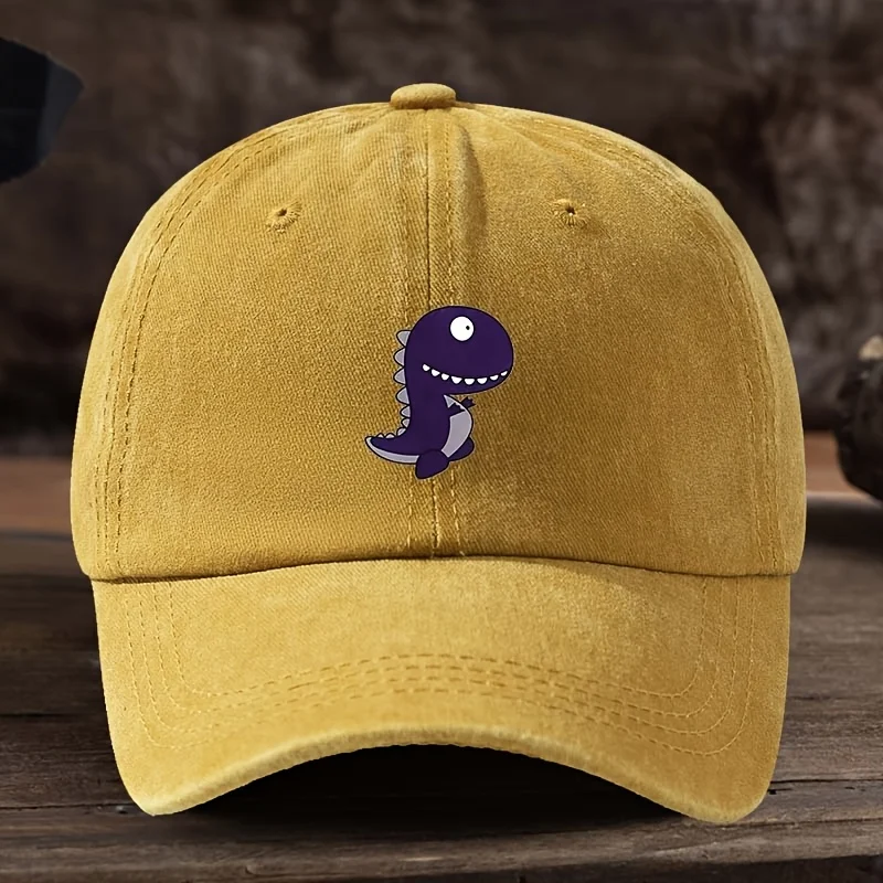 

Purple dinosaur patterned baseball cap with adjustable breathable fabric suitable for outdoor fishing, hiking, and casual wear