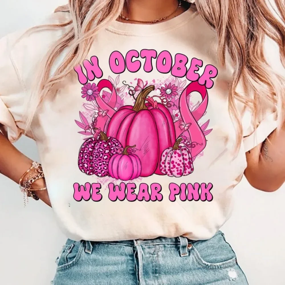 

In October We Wear Pink Tshirt Pink Pumpkin Ribbon Shirt Fight for A Cure Women Tops Breast Cancer Awareness Cotton T-shirt