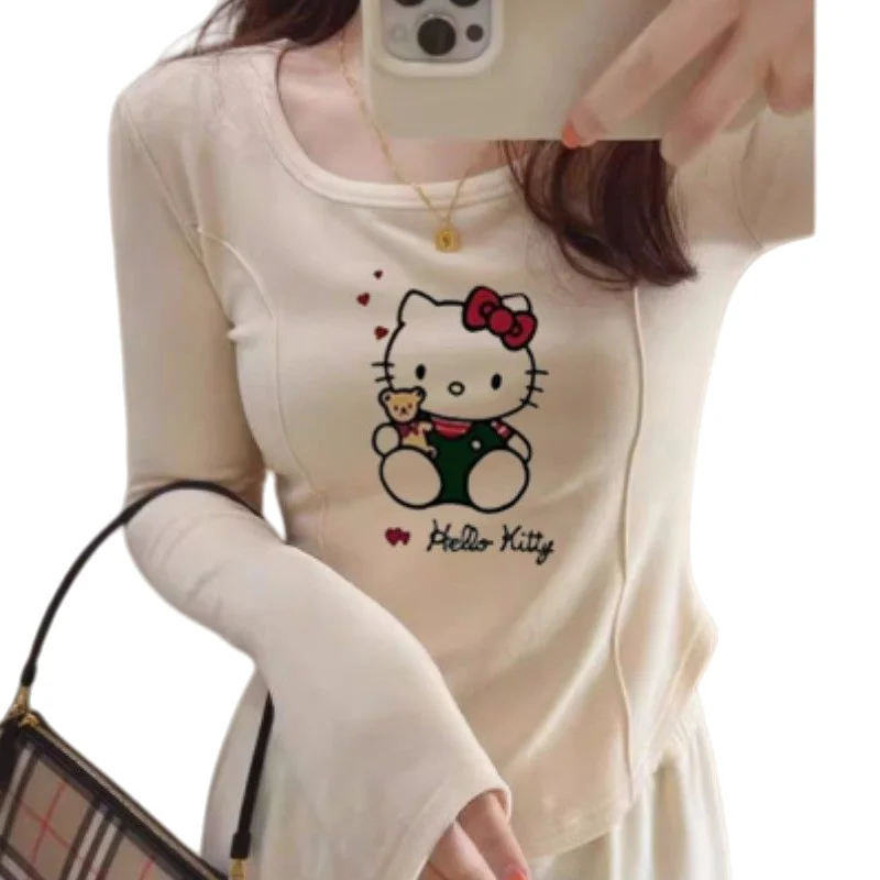 

Women's Autumn and Winter Micro Velvet Long Sleeves O-Neck Soft and Comfortable Cartoon Pattern Hello Kitty Long Sleeve T-Shirt