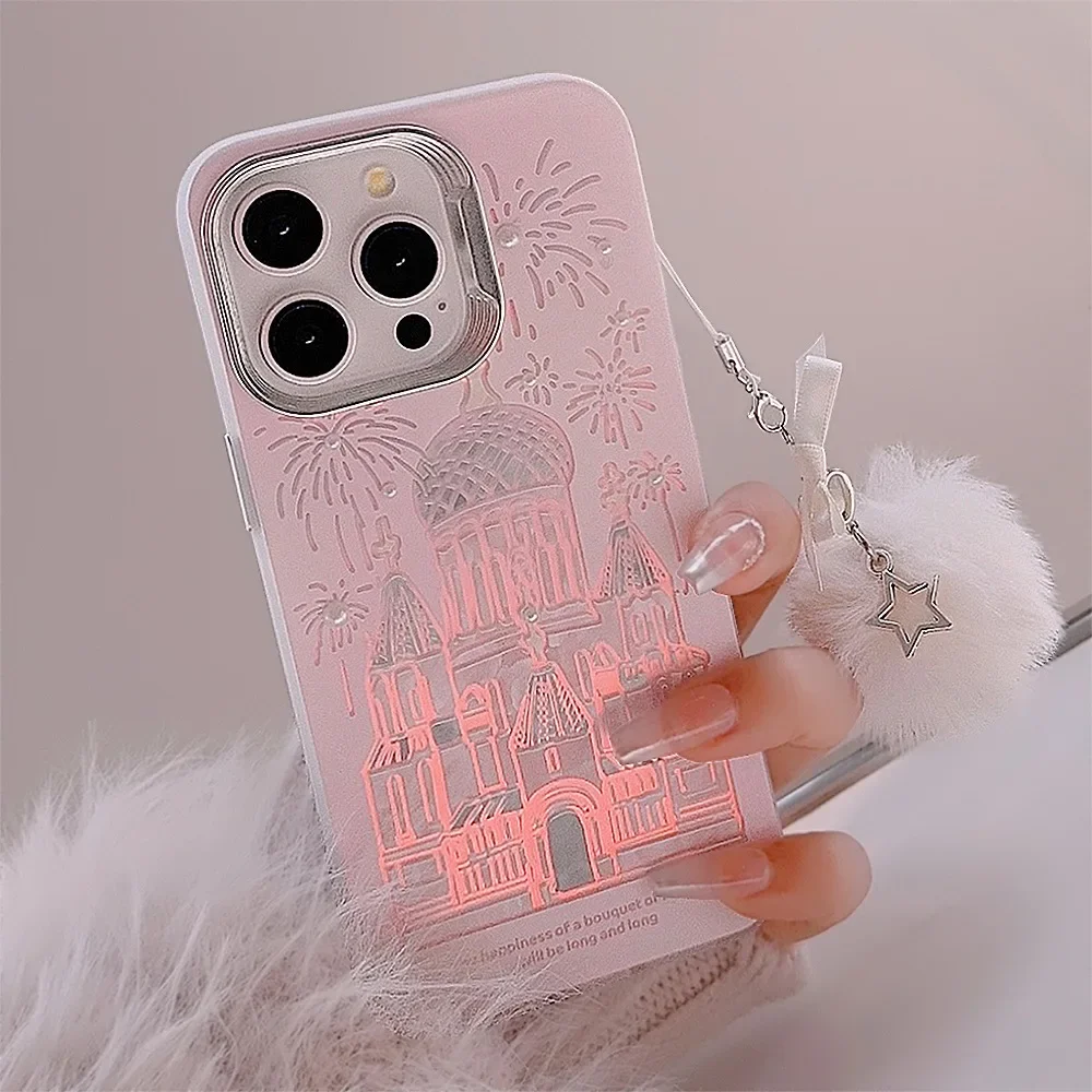 Pink dream castle church Sweet girls Plating Anime Phone Case For iPhone 15 14 13 12 11 Pro Max 15 Plus Case Cute cartoon Cover