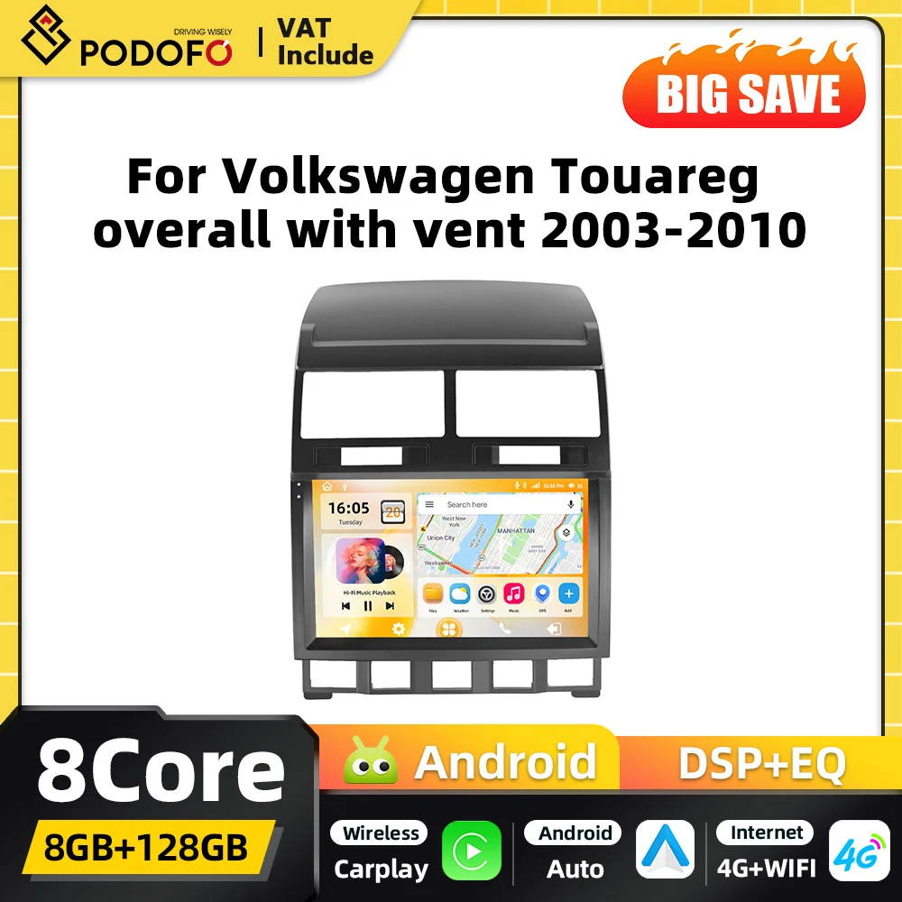 Podofo Qualcomm Carplay 2DIN Lettore multimediale per auto Android per Volkswagen Touareg 2003 2004-2010 Navigazione GPS FM RDS WIFI DSP