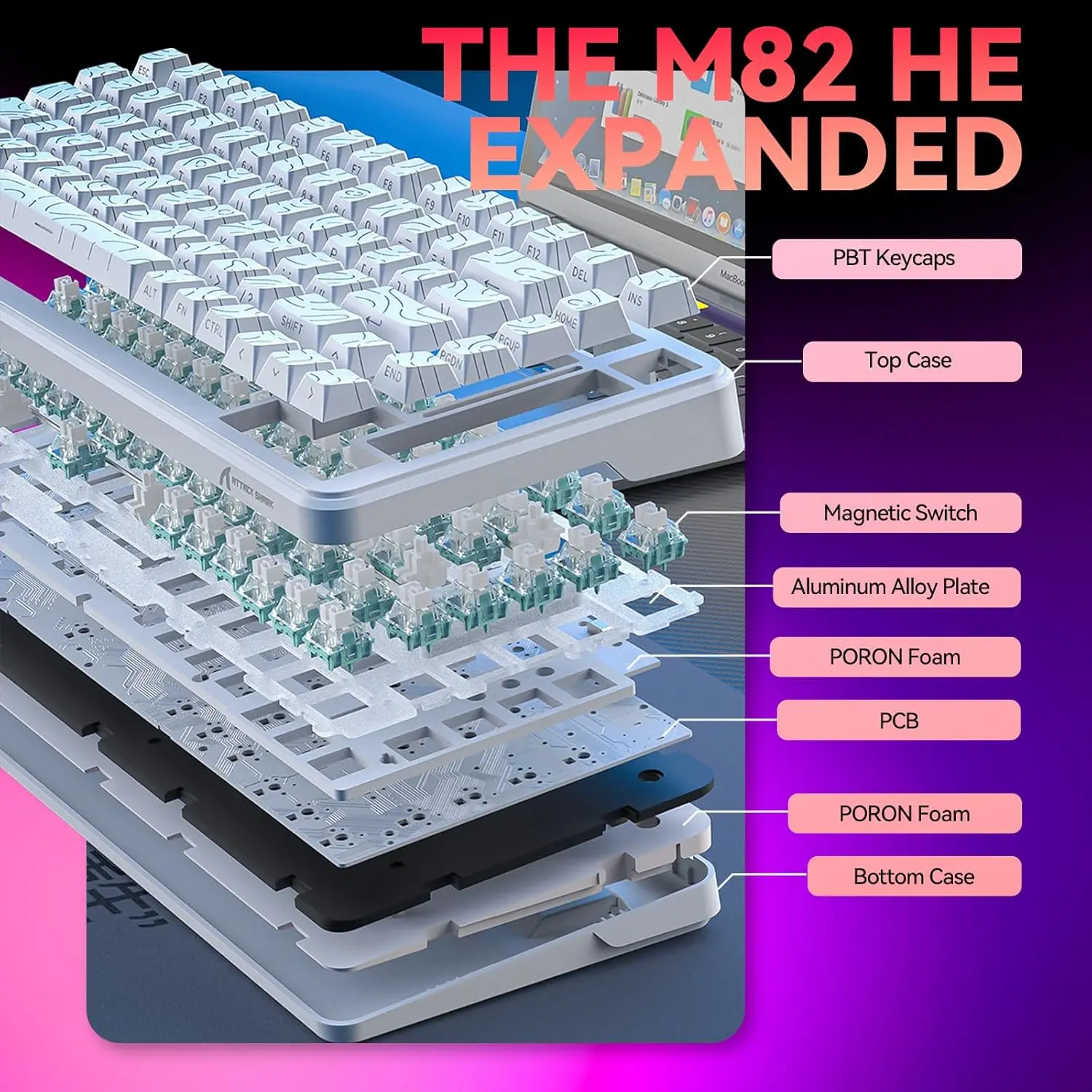 MAMBASNAKE M82 เขา Hall Effect คีย์บอร์ด, 8Khz Polling 0.01 มม. ทริกเกอร์แบบปรับได้ 0.125ms, Hot-Swappable RGB Backlit ด้านข้าง