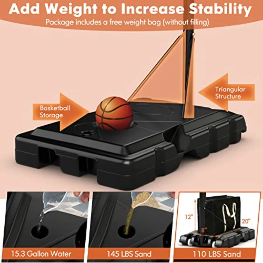 Aro de baloncesto portátil para exteriores, altura ajustable de 8 a 10 pies, tablero duradero 44 con 2 ruedas y base rellenable para A