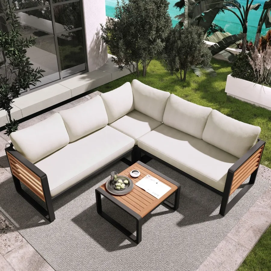 

GO 4 Pieces Outdoor Patio Conservation Set Metal and Wood Frame Sectional Lshaped Sofa with Soft Cushion and a Coffee Tables fo