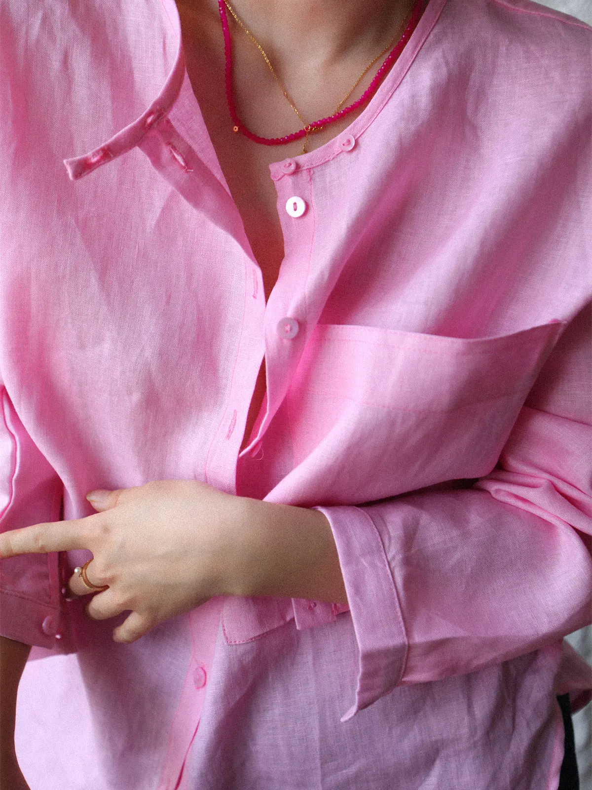 

Ast Edit op Linen Pink irt Casual Loose Women's Summer Top Breathable Sun Protection French Sle Button Detail Long Sve