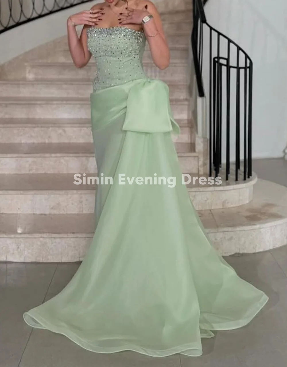فساتين سهرة نسائية من Simin بدون حمالات مطرزة بطول الأرض بدون أكمام مع فيونكة من الأورجانزا وشاحات أنيقة للحفلات 2025